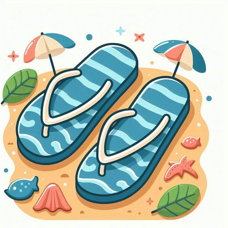 Vector illustration of flip flops on the sand. Flat style.のイラスト素材