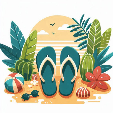 Flip flops on the beach. Vector illustration in flat styleのイラスト素材