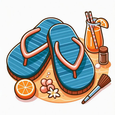 Vector illustration of blue flip flops with orange juice, cocktail and flowers.のイラスト素材