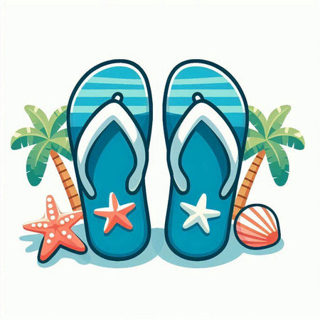 Flip flops and starfish on a white background. Vector illustrationのイラスト素材