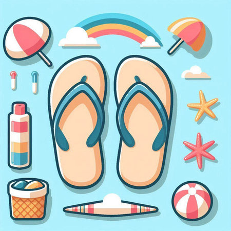 Flip flops and beach accessories. Vector illustration in flat styleのイラスト素材