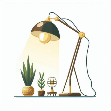 Illustration of a desk lamp with a potted plant on a white backgroundのイラスト素材