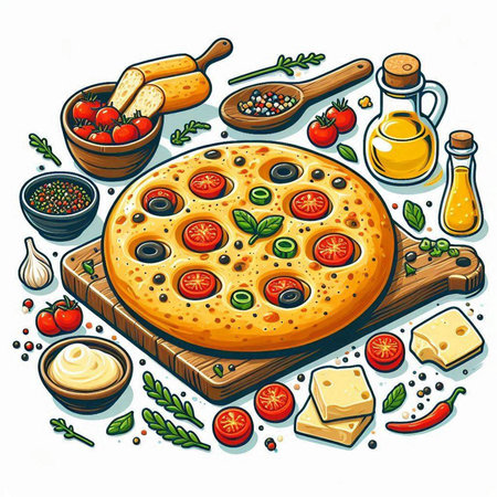Pizza with tomato, mozzarella, olives and basil. Vector illustrationのイラスト素材
