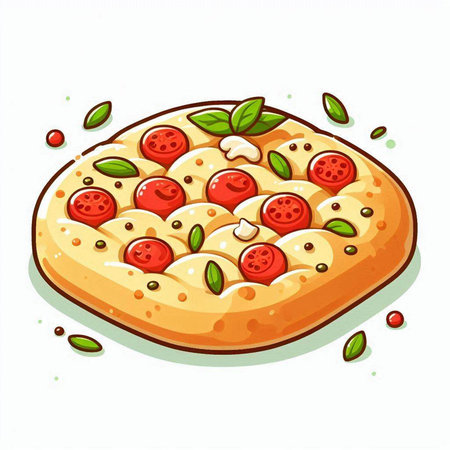 Illustration of pizza with tomatoes, mozzarella and basil on white backgroundのイラスト素材