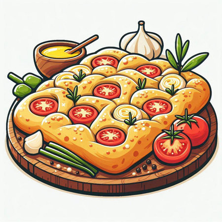 Illustration of a round pizza with tomato, garlic and mayonnaiseのイラスト素材