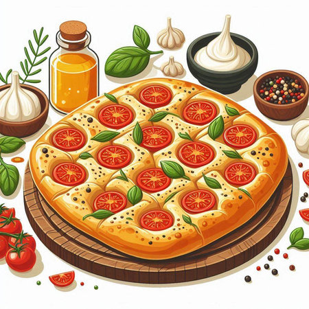 Illustration of a pizza with tomatoes, basil and spices on a white backgroundのイラスト素材