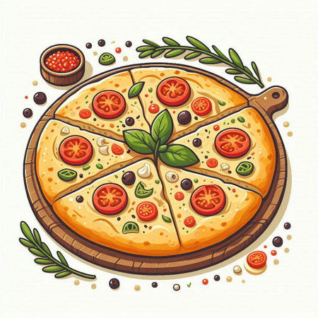 Pizza with mozzarella, tomatoes and basil. Vector illustration.のイラスト素材