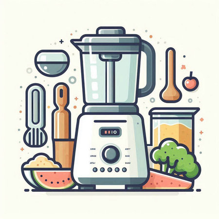Kitchen appliances. Blender, fruits and vegetables. Flat vector illustration.のイラスト素材