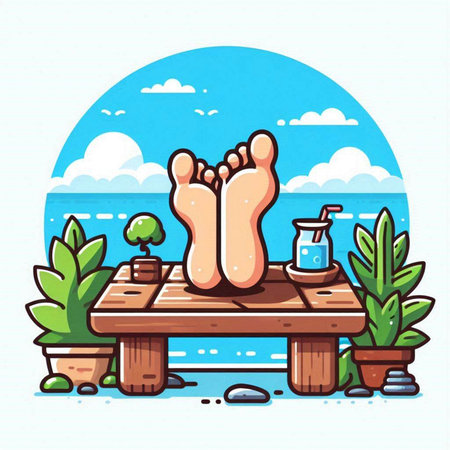Wooden pier with feet on the beach. Vector illustration in cartoon style.のイラスト素材