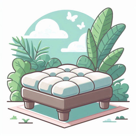 Illustration of a bed with a pillow on the background of a tropical landscapeのイラスト素材