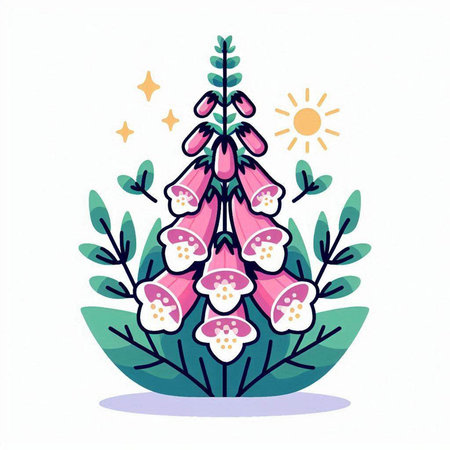 Illustration of a pink foxglove with leaves and stars.のイラスト素材