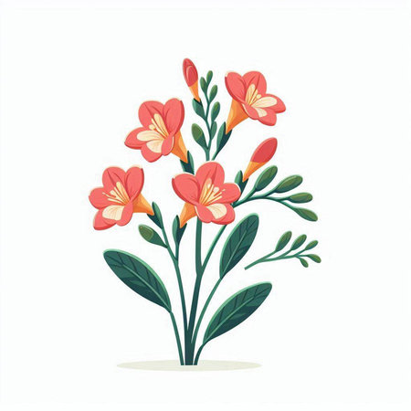 Beautiful orange freesia flowers on white background. Vector illustration.のイラスト素材