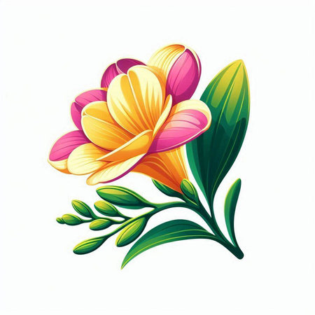 Illustration of a beautiful flower with green leaves on a white backgroundのイラスト素材