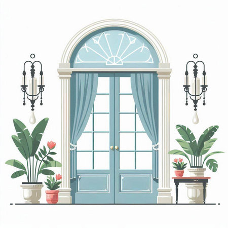 Vector illustration of the entrance to the house with the blue curtains and plants.のイラスト素材