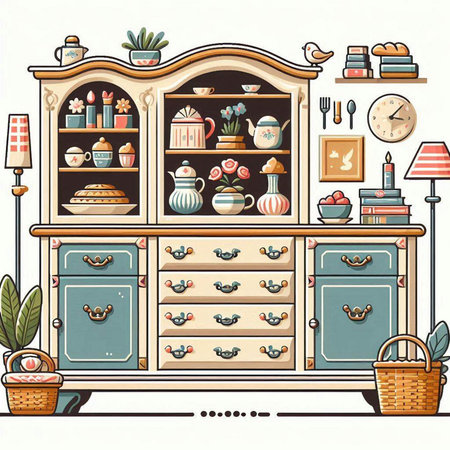 Vector illustration of a vintage cupboard in the style of hand drawingのイラスト素材