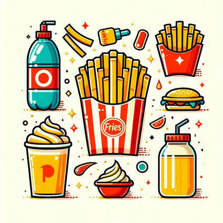Fast food icon set. Vector illustration in line art style on white background.のイラスト素材