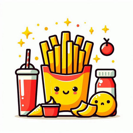 French fries with kawaii character. Vector illustration of fast food.のイラスト素材
