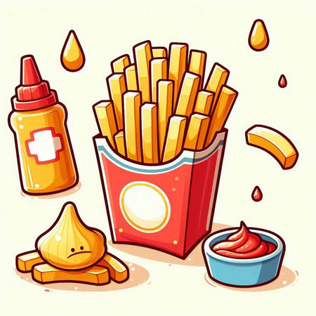 French fries with ketchup and mayonnaise. Vector illustration.のイラスト素材
