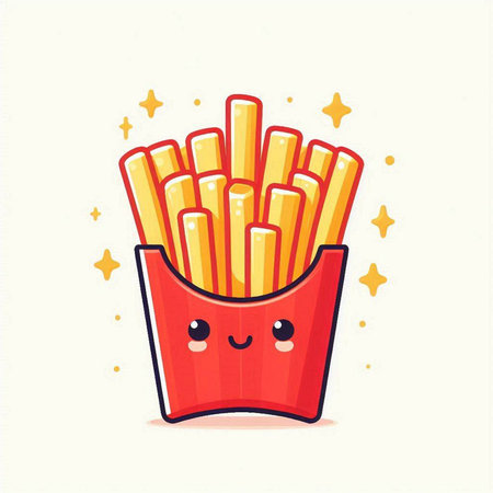 Cute french fries kawaii cartoon character. Fast food vector illustration.のイラスト素材