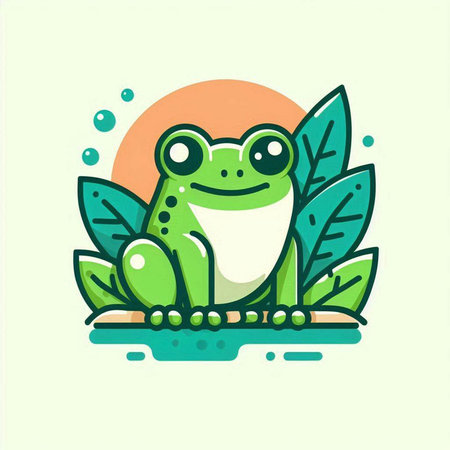 Cute frog with green leaves. Vector illustration in cartoon style.のイラスト素材