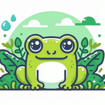 Cute cartoon frog on green background with leaves. Vector illustration.のイラスト素材