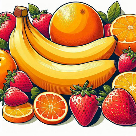 Fruits background with bananas, oranges and strawberries. Vector illustration.のイラスト素材