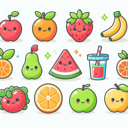 Fruits and vegetables cute cartoon vector icons set. Cute kawaii fruits icon collection.のイラスト素材
