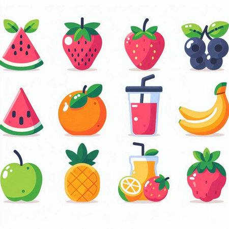Fruit and berry icon set. Vector illustration in flat styleのイラスト素材