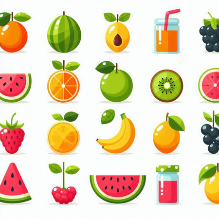 Fruits and berries icons set, flat style. Vector illustration.のイラスト素材
