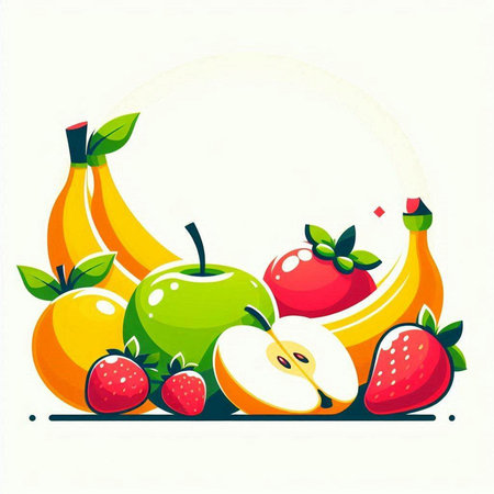 Vector illustration of fresh fruits background with banana, apple and strawberry.のイラスト素材
