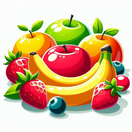 Fruit background with strawberries, bananas and apples. Vector illustration.のイラスト素材