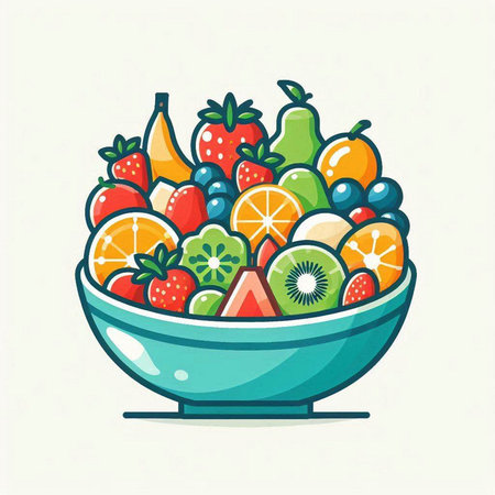 Colorful vector illustration of a bowl full of fresh fruit and berriesのイラスト素材