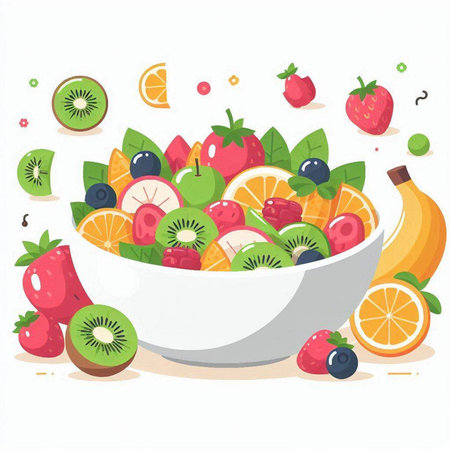 Fruit salad in a bowl. Vector illustration in cartoon style.のイラスト素材