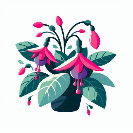 Fuchsia flowers in pot. Vector illustration isolated on white background.のイラスト素材