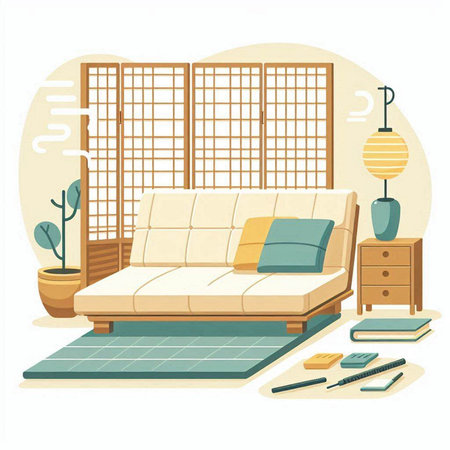 Interior of living room with sofa, pillows, coffee table, carpet and other things. Vector illustrationのイラスト素材