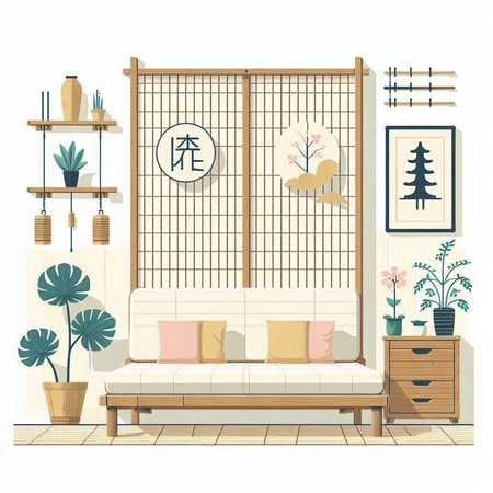 Sofa in Japanese style. Vector illustration in a flat style.のイラスト素材