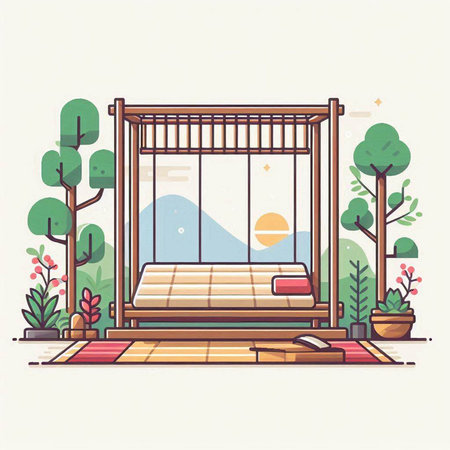 Vector illustration of a wooden bed in the garden. Flat style.のイラスト素材