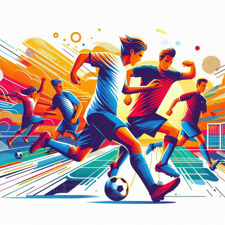 Soccer players in action, vector illustration. Colorful background.のイラスト素材