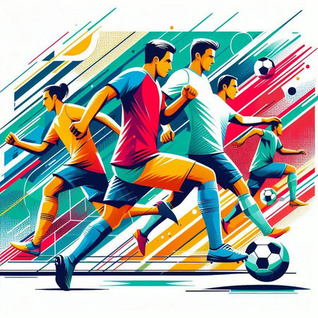Soccer players in action, vector illustration. Colorful background.のイラスト素材