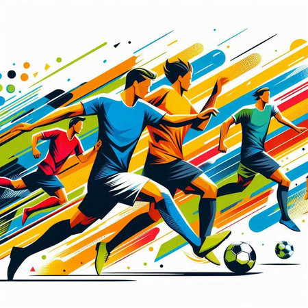 Soccer players with ball on colorful background. Sport vector illustration.のイラスト素材