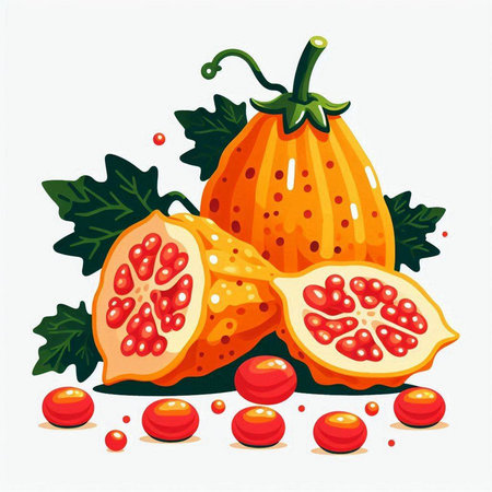 Pomegranate fruit. Vector illustration of whole and cut fruits.のイラスト素材