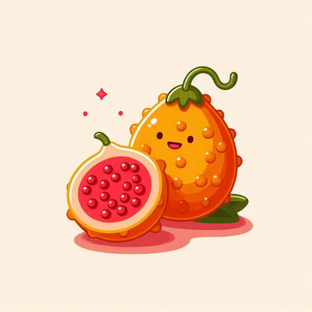 Cute kawaii kiwano fruit character vector illustration.のイラスト素材
