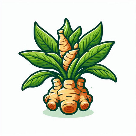 Ginger root with leaves isolated on white background. Vector illustration.のイラスト素材