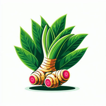 ginger root with green leaves isolated on white background. vector illustrationのイラスト素材