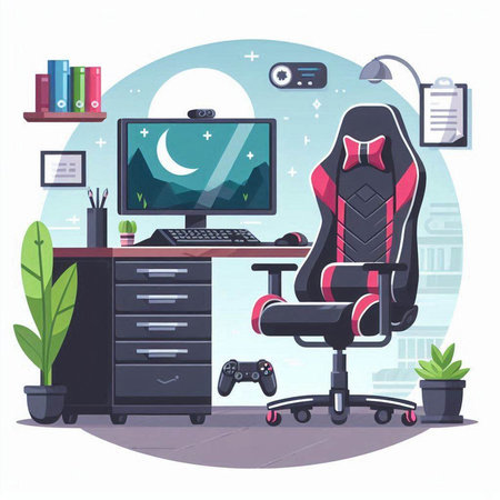 Workplace with computer, chair and equipment. Vector illustration in flat styleのイラスト素材