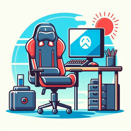 Vector illustration of a gamer sitting in a chair and working on a computerのイラスト素材