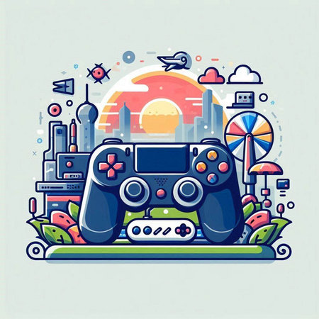 Retro video game console on the background of the city. Vector illustrationのイラスト素材