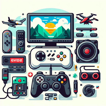 Vector illustration of video game equipment. Gamepad, joystick, control, controller, camera and other equipment.のイラスト素材