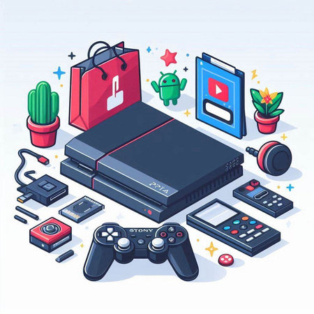 Video game isometric composition with video game controller and accessories vector illustrationのイラスト素材