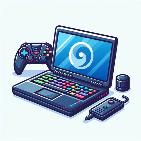 Laptop, gamepad and remote control. Vector illustration in cartoon styleのイラスト素材
